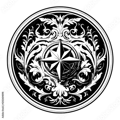 Intricate compass design surrounded by elegant floral motifs embodying navigation and artistry in timeless black and white