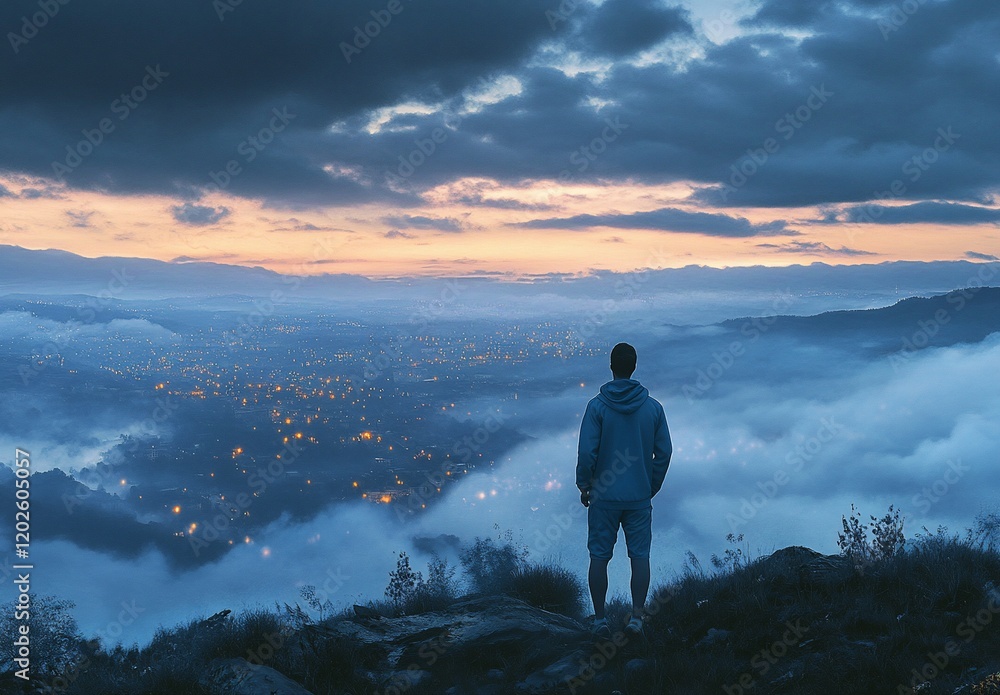 Man on mountaintop overlooking a city at sunset. Man on mountaintop overlooking a city at sunset.