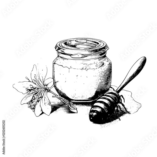 Delightful jar of honey with a wooden dipper and blooming flower on a bright spring day