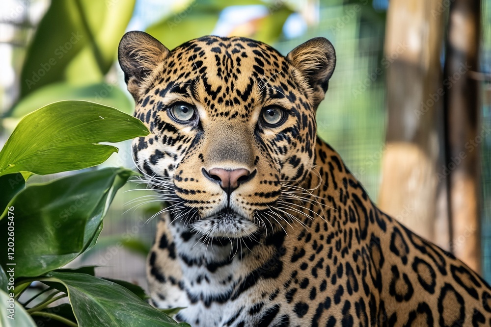 Close-up portrait of a jaguar, its gaze intense, partially hidden behind lush green foliage. Close-up portrait of a jaguar, its gaze intense, partially hidden behind lush green foliage.