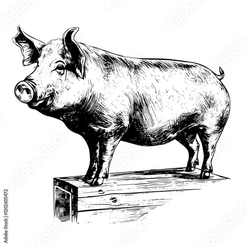 Artistic depiction of a proud pig standing on a wooden platform in a rustic barn setting, capturing rural charm and simplicity