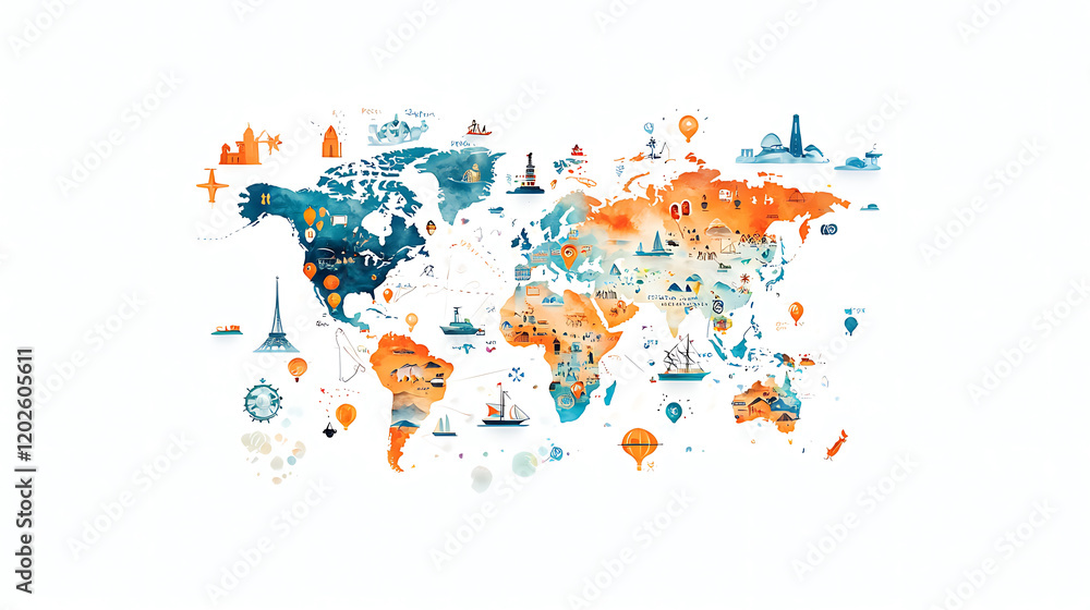 Obraz premium colorful digital map showcasing various travel destinations around world, featuring landmarks, transportation, and activities
