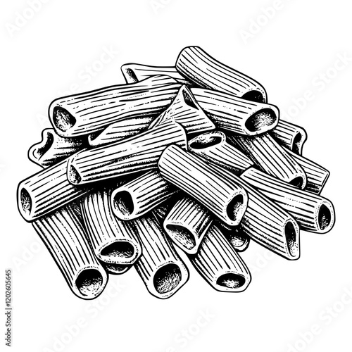 Intricate black and white illustration of meticulously arranged rigatoni pasta highlighting culinary creativity