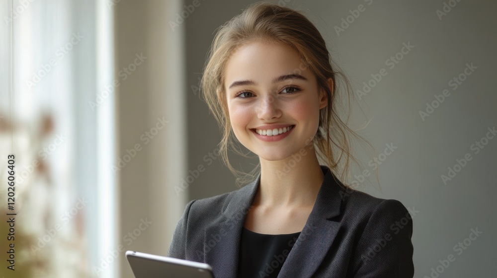 Smiling businesswoman tablet office window portrait Smiling businesswoman tablet office window portrait