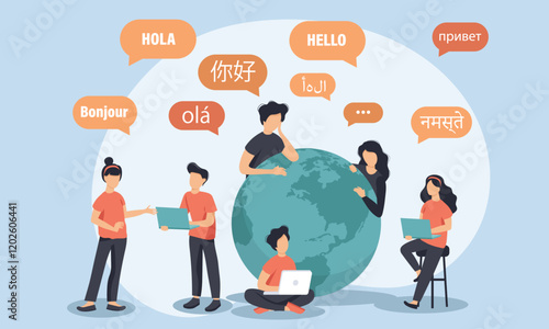 Young people chatting in foreign languages. Vector illustration for web banner, infographics, mobile. Male and female cartoon characters speaking different languages.