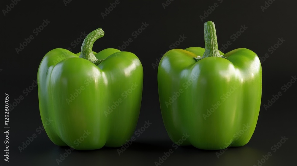 Two green bell peppers on dark background, studio shot, food photography Two green bell peppers on dark background, studio shot, food photography