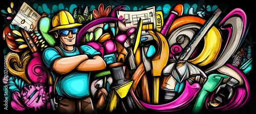 Colorful illustration of a construction worker surrounded by tools and design elements. photo