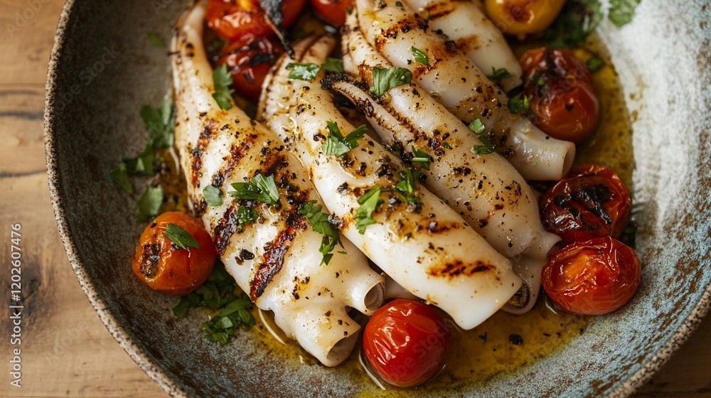 Grilled squid with roasted cherry tomatoes in a bowl.