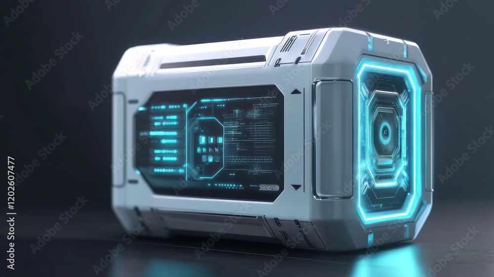 Futuristic data container glowing, dark studio, digital interface, secure storage Futuristic data container glowing, dark studio, digital interface, secure storage