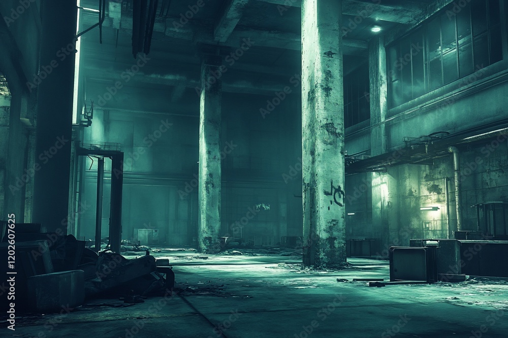 Dark, abandoned industrial interior with debris and aged pillars. Dark, abandoned industrial interior with debris and aged pillars.
