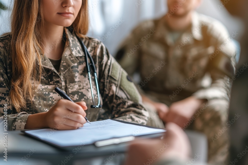 Military Doctor Filling Out Medical Forms for Veteran Patient Military Doctor Filling Out Medical Forms for Veteran Patient