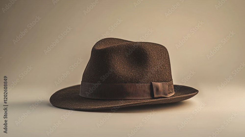 Brown fedora, crumpled, studio shot, beige background, fashion Brown fedora, crumpled, studio shot, beige background, fashion