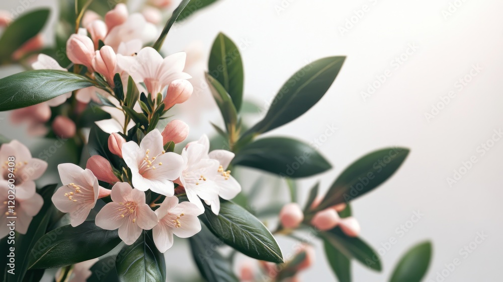 Obraz premium Pink flowers blooming, spring branch, soft light background, website header
