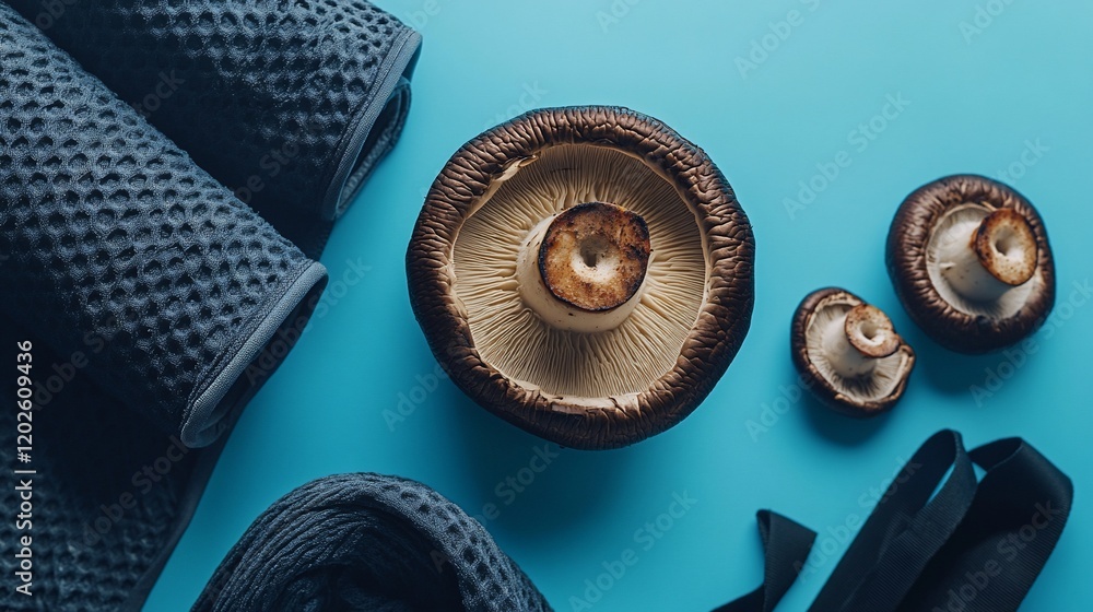 Rolled yoga mats, shiitake mushrooms, and a resistance band on a blue background. Rolled yoga mats, shiitake mushrooms, and a resistance band on a blue background.