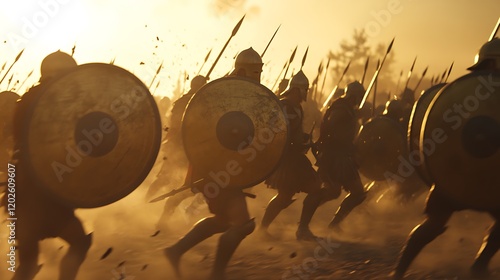 Spartan soldiers charging into battle with shields and spears