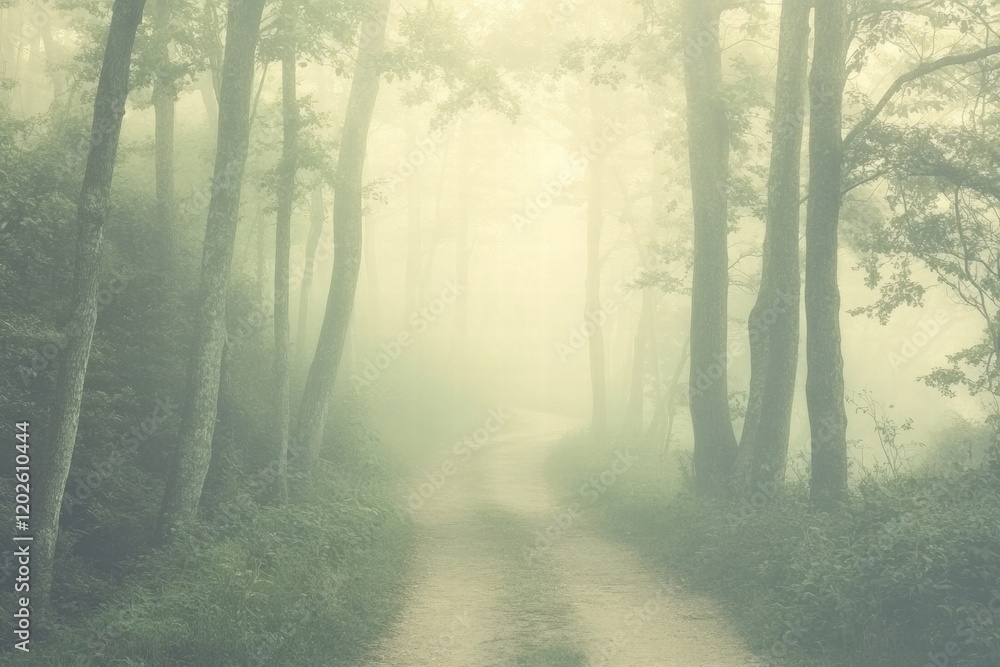 Naklejka premium Winding forest trail surrounded by tall trees in soft morning fog. Generative AI