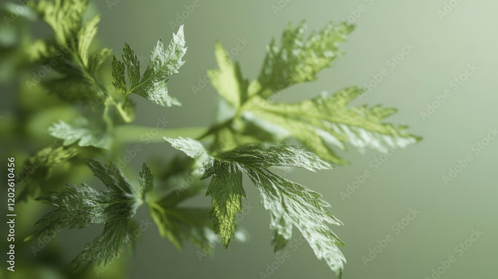 Fresh parsley sprig, close-up, studio shot, green background, food recipe Fresh parsley sprig, close-up, studio shot, green background, food recipe
