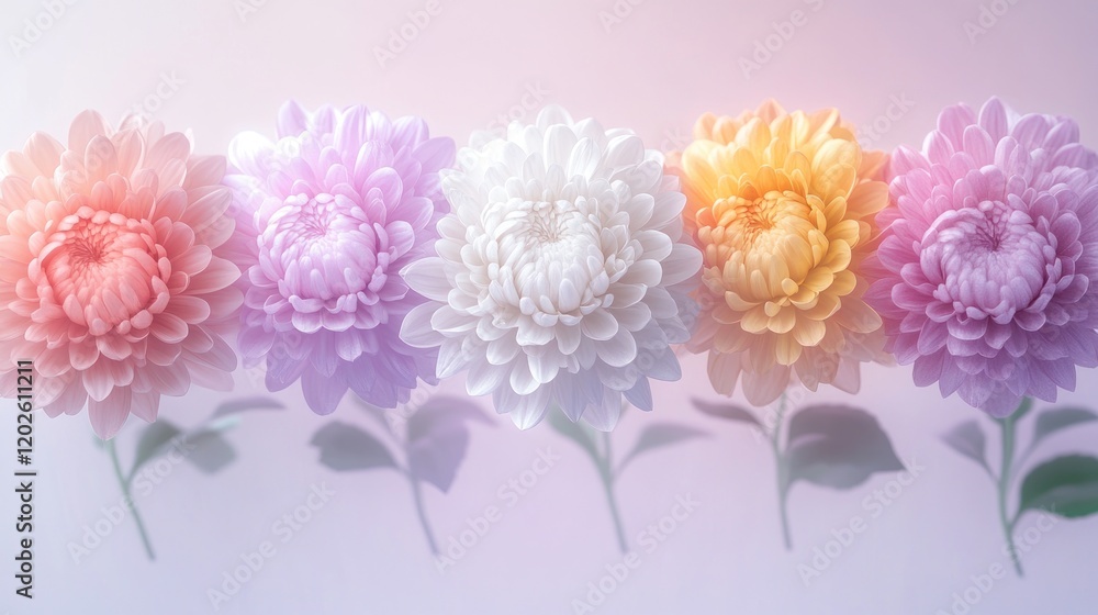 Pastel flowers row, soft background, studio shot, floral design Pastel flowers row, soft background, studio shot, floral design