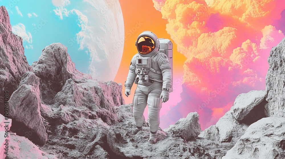 Obraz premium Astronaut Walking on a Rocky Planet with Colorful Sky and Distant Planet