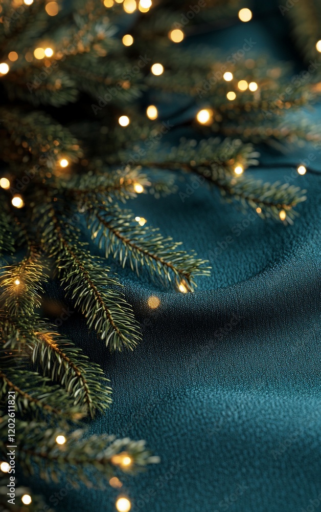 Festive fir branch with warm lights on teal fabric. Festive fir branch with warm lights on teal fabric.