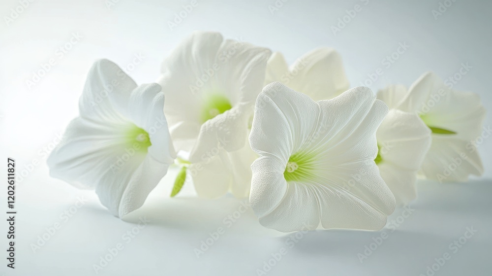 Fototapeta premium White flowers studio shot, soft light background, elegant floral arrangement, wedding invitation design