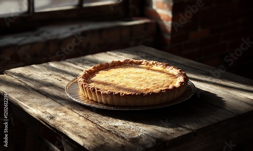 Delicious pie on rustic table, window light.  Possible use Food photography photo