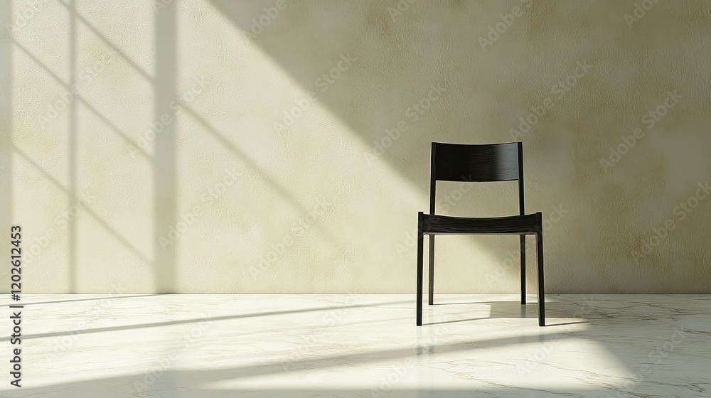 A minimalist black chair sits alone in a sunlit room, casting shadows on a marble floor. A minimalist black chair sits alone in a sunlit room, casting shadows on a marble floor.