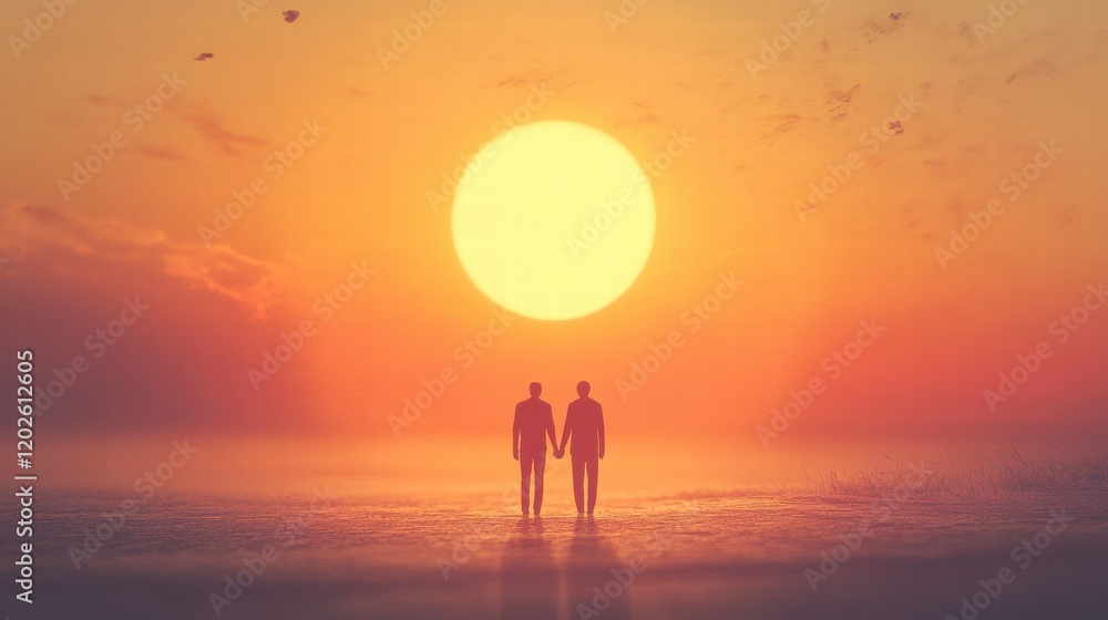 Silhouetted figures standing hand in hand against a vibrant sunset at the beach. Generative AI Silhouetted figures standing hand in hand against a vibrant sunset at the beach. Generative AI