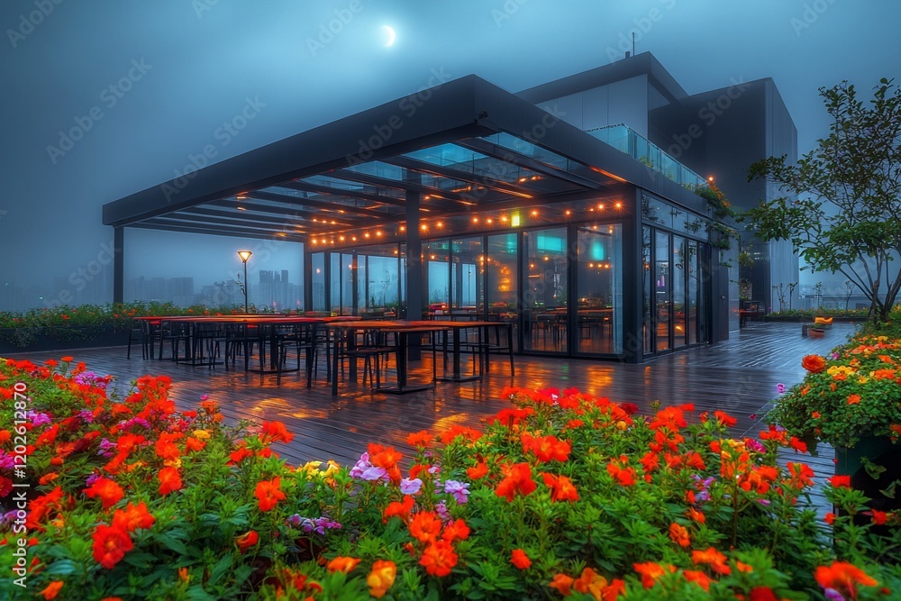 Fototapeta premium Rooftop restaurant at night, rain, flowers, city view.