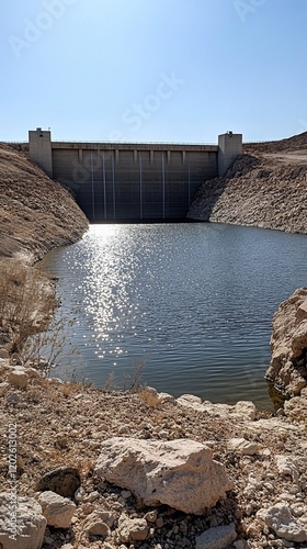 Desert dam reservoir, tranquil water, sunny day, scenic view, landscape photography photo