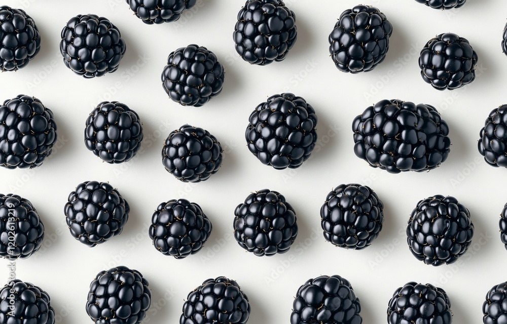 Flat lay of ripe blackberries arranged in a repeating pattern on white background. Flat lay of ripe blackberries arranged in a repeating pattern on white background.