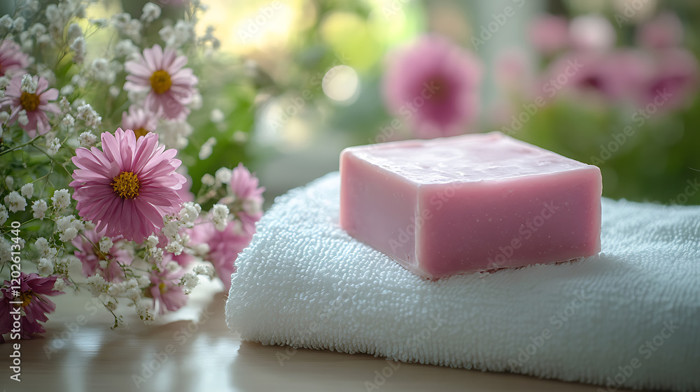 Handcrafted herbal pink color soap on ted white towel with blossoming flowers and spa setting Handcrafted herbal pink color soap on ted white towel with blossoming flowers and spa setting