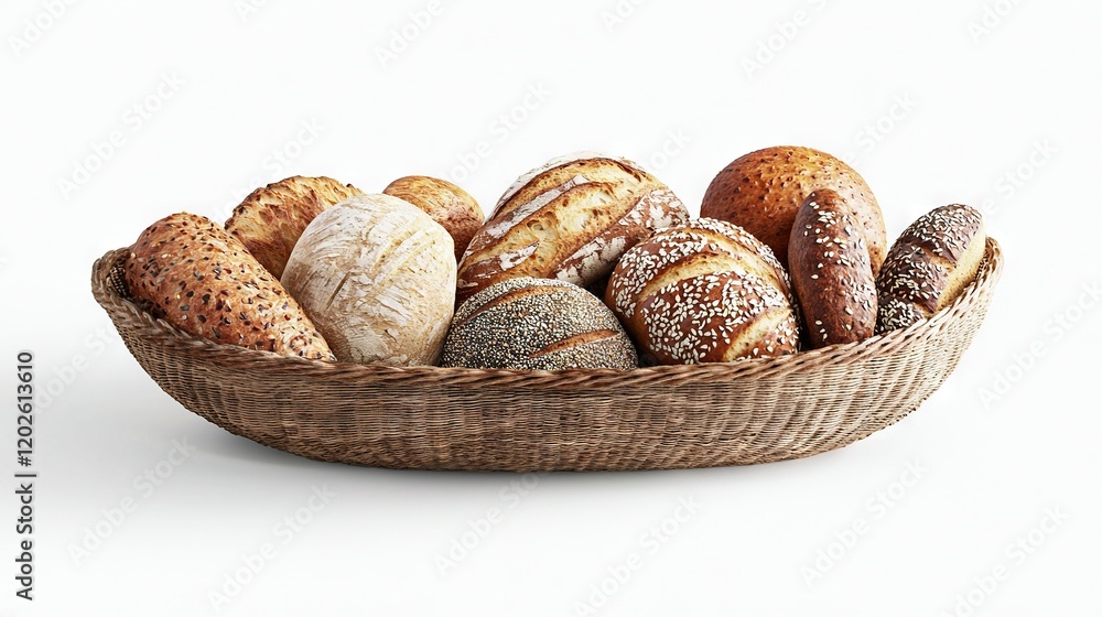 A wicker basket brimming with diverse loaves of various breads A wicker basket brimming with diverse loaves of various breads