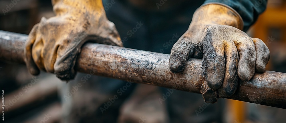 Dirty hands holding rusty metal pipe. Construction work Dirty hands holding rusty metal pipe. Construction work