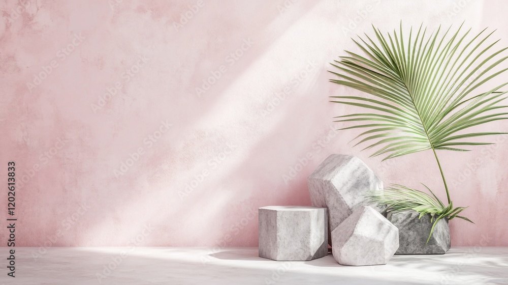 Pink wall, sunlight, marble podiums, palm leaf. Pink wall, sunlight, marble podiums, palm leaf.