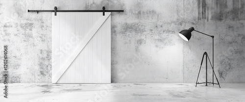 White sliding barn door in industrial interior with tripod lamp.