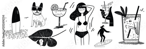 Hand drawn style summer icon set. Cartoon doodle illustrations of holiday elements