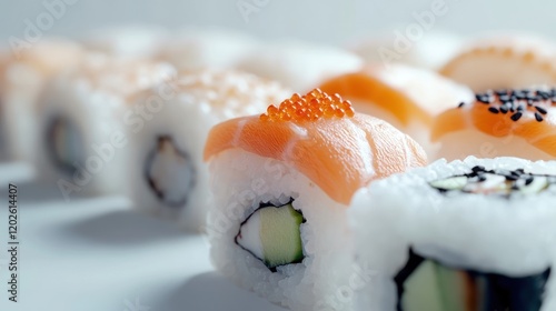 Delicious sushi assortment, close-up, studio shot, white background, restaurant menu photo