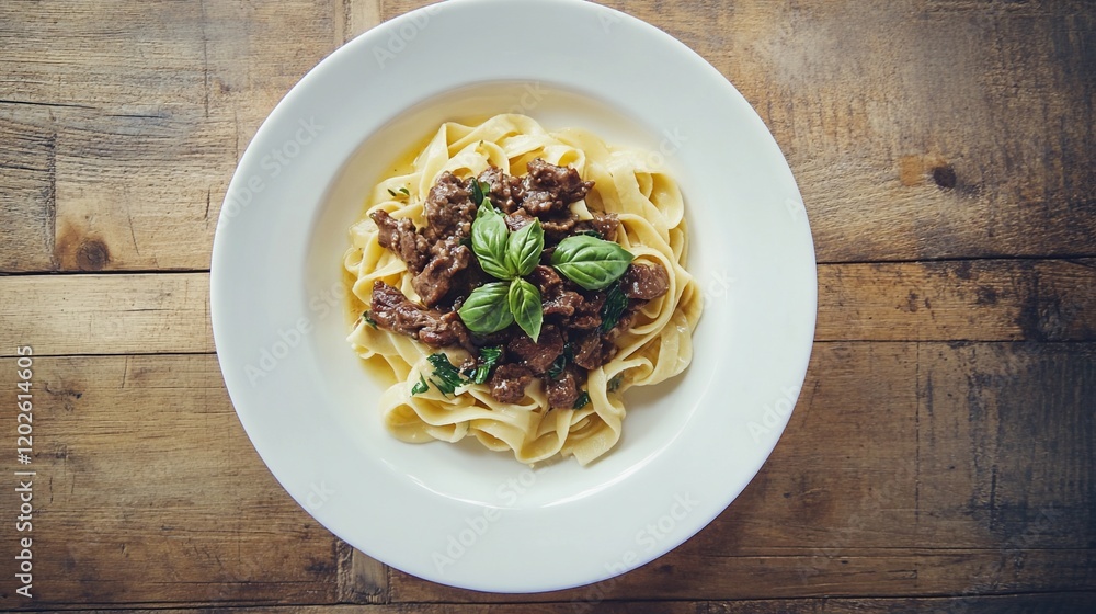 Overhead view of a plate of pasta with beef and basil. Overhead view of a plate of pasta with beef and basil.