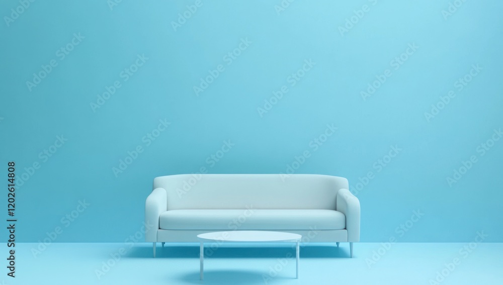 Minimalist white sofa and coffee table against a light blue wall. Minimalist white sofa and coffee table against a light blue wall.