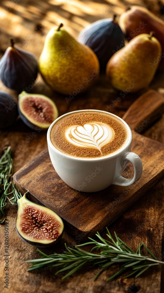 Aromatic Latte with Figs and Pears on Rustic Wooden Table Aromatic Latte with Figs and Pears on Rustic Wooden Table