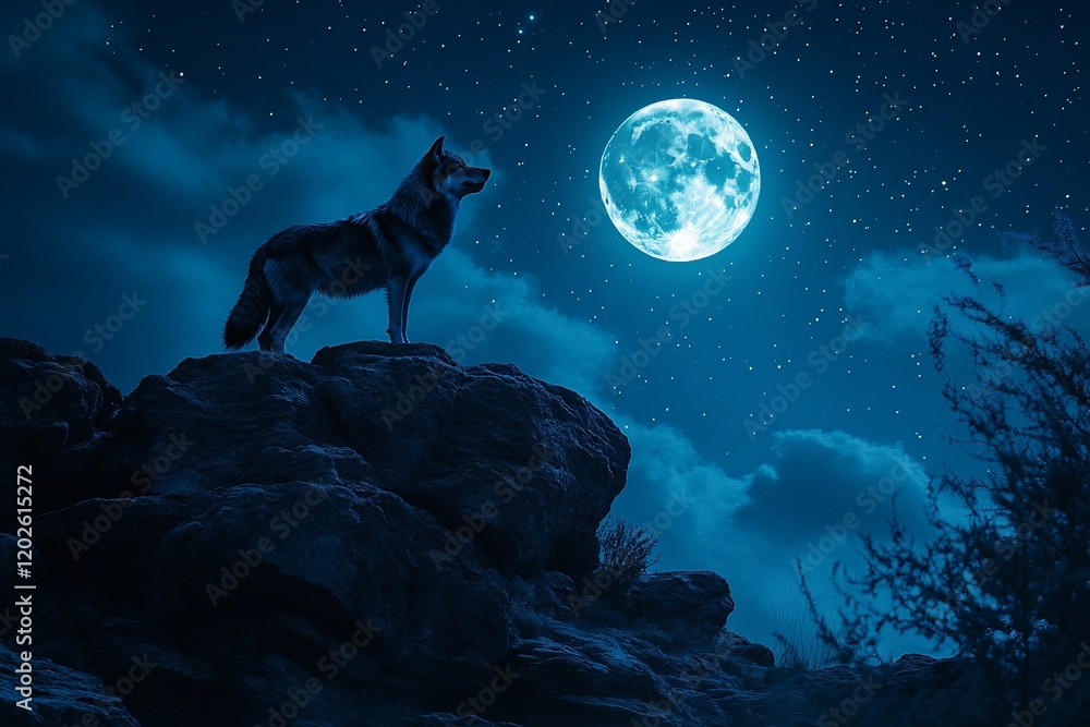 Lone wolf howling at night's full moon, rocky peak Lone wolf howling at night's full moon, rocky peak