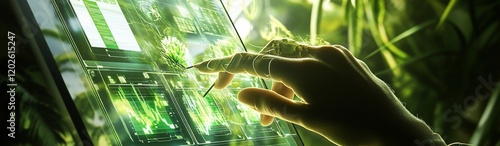 Hand interacting with a transparent digital interface displaying green data amidst lush foliage. photo