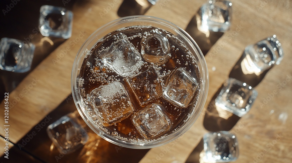 Fototapeta premium Iced brown drink in a clear plastic cup with ice cubes on a wooden surface.