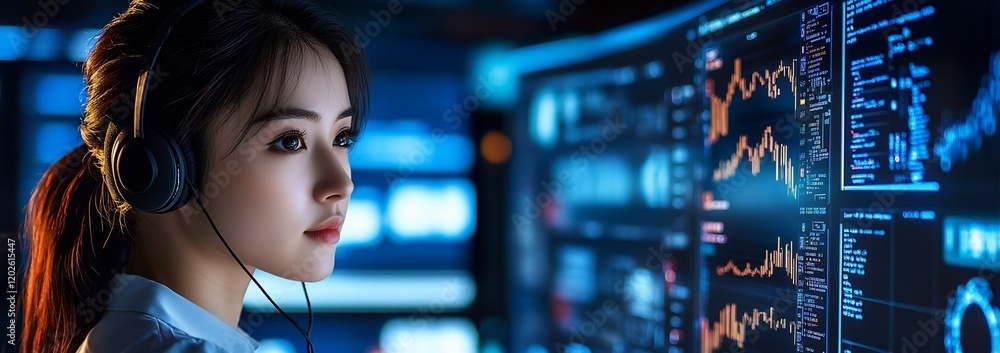 Woman with headphones monitoring data on large screen. Woman with headphones monitoring data on large screen.