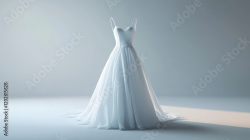 Studio-lit white wedding gown, elegant design, minimalist backdrop, bridal fashion photo