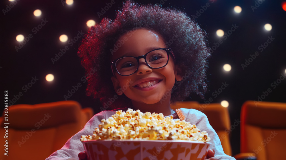 Happy Little Girl Enjoying Popcorn at the Cinema Happy Little Girl Enjoying Popcorn at the Cinema
