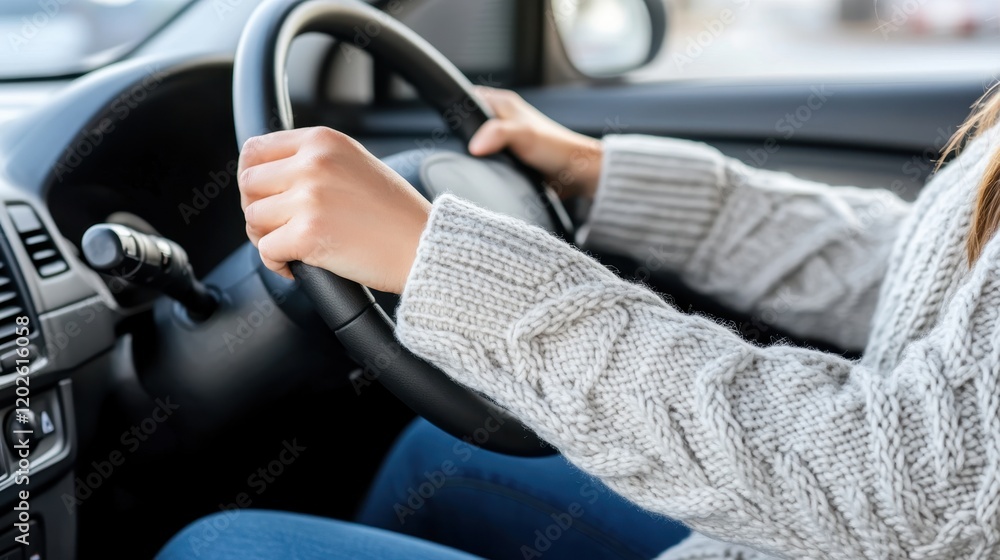 Naklejka premium A person wearing a cozy sweater grips the steering wheel of a car, illustrating the act of driving in a casual setting.