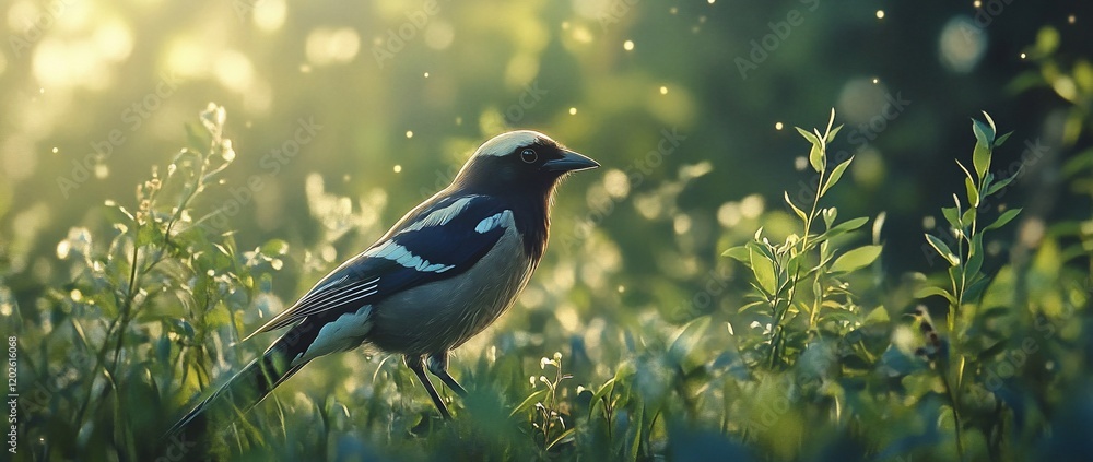 A striking bird in a sunlit meadow. A striking bird in a sunlit meadow.