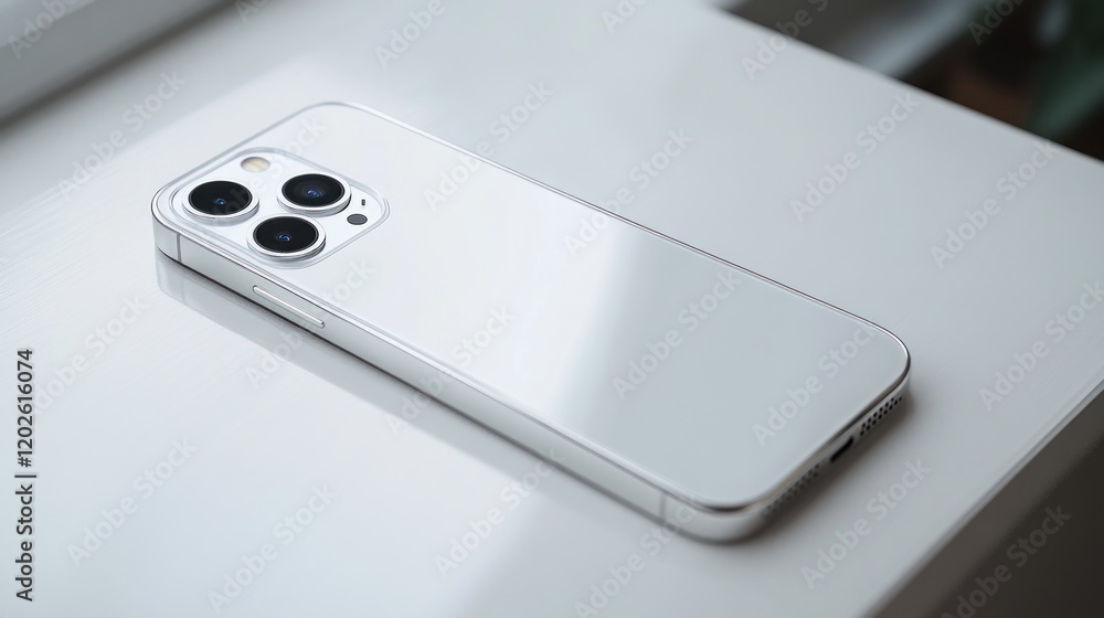 White smartphone rests on windowsill, bright room background, product shot White smartphone rests on windowsill, bright room background, product shot